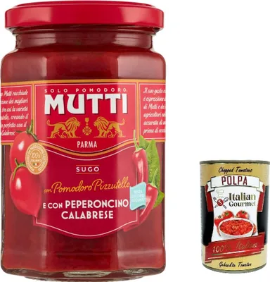 Produktbild von 6x Mutti Sugo con Pomodoro Pizzutello e con Peperoncino Calabrese, Pizzutello -Tomatensauce und mit kalabrischen Chilischpfeffer 280g + Italian Gourmet polpa 400g