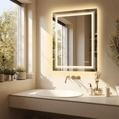 Obrázok produktu pre LED zrkadlo do kúpeľne – obdĺžnikový nástenný zrkadlo 70x90 cm – s funkciou proti zahmlievaniu a s podsvietením – s dotykovým senzorom – IP44 – zrkadlo vhodné na líčenie a holenie
