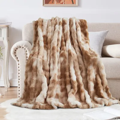 Obrázek produktu pro （200 * 160 cm, káva s barevným gradientem）Double Sided Blanket Rabbit Fur Plush Fluffy Blanket, přikrývka Thick Flannel Multifunctional Sofa Blanket Soft Warm Vhodné pro postele a pohovky