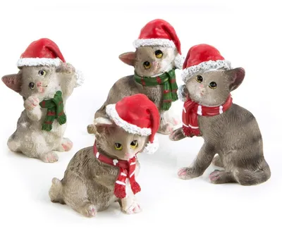 Produktbild von 4 weihnachtliche Katzenfiguren - 5 cm grau rot - als Weihnachtsdeko