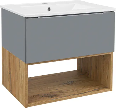 Produktbild von Waschtisch 60 cm inkl. Waschbecken Hochglanz grau mit Eiche NERVI-147