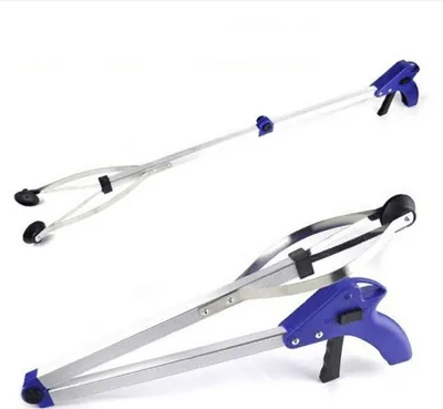 Two views of a foldable aluminum alloy grabber tool against a white background.