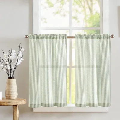 Image de Ibenzoa® Lot de 2 rideaux de protection pour vitrage, aspect lin, 65 x 90 cm, pour petites fenêtres – Vert sur fond beige, 85 % lin / 15 % polyester, translucides