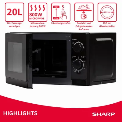 Obrázok produktu pre Sharp R200BKW – samostatná mikrovlnná rúra, 20 litrov, 800 W, 5 výkonnostných stupňov, časovač na 35 minút, funkcia rozmrazovania, úsporný režim, sklenený otočný tanier (priemer 25,5 cm), čierna farba