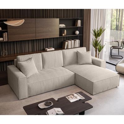 Ecksofa Parys L-form Polsterecke mit Cord-Bezug mit Schlaffunktion und Bettkasten 290 cm Sofa l-förmig, Farbe: Beige, Poso 100