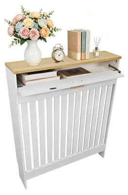 Radiatorabdeckung 78,5×19×95,5 cm, weiß, Holzoptik, mit Klappfach