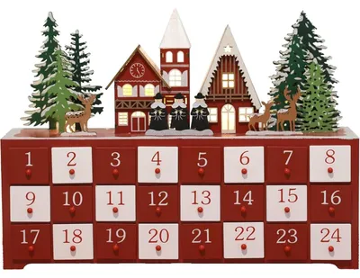Productafbeelding van Handgemaakte adventskalender van hout, met 24 lades en een verlichte dorpsscène