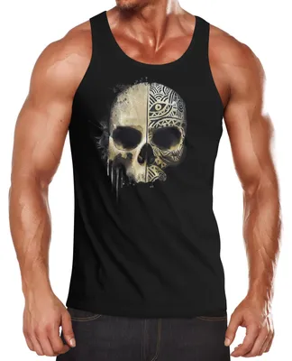 Produktbild von Herren Tank-Top Bedruckt Totenkopf Totenschädel Skull Tattoo Tribal Print Muskelshirt Muscle Shirt Neverless® schwarz XXL