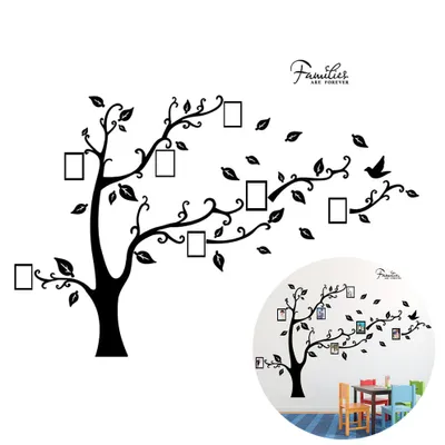 A wall decal of a family tree with photo frames, shown both as a standalone design and as applied to a wall above a children's table.