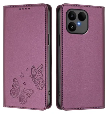 Image de Étui en cuir pour Fairphone 6, motif papillon en relief, étui à rabat avec porte-appareil, violet