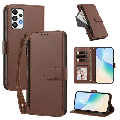 Obrázek produktu pro Peněženkové pouzdro pro Samsung Galaxy A72,Polyuretankožené pouzdro s přihrádkami na karty, stojánkem a poutkem na ruku Hnědá
