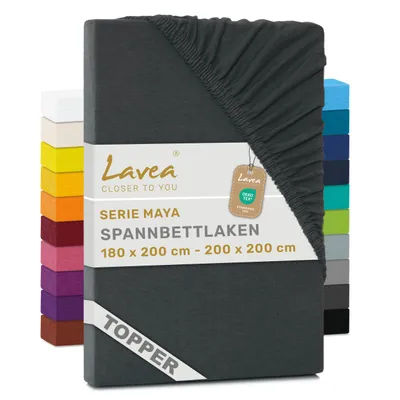 Produktbild von Lavea® Topper Spannbettlaken 180x200 cm - 200x200 cm, Maya 100% Jersey Baumwolle – Weiches Spannbetttuch Topper bis 10 cm- Anthrazit