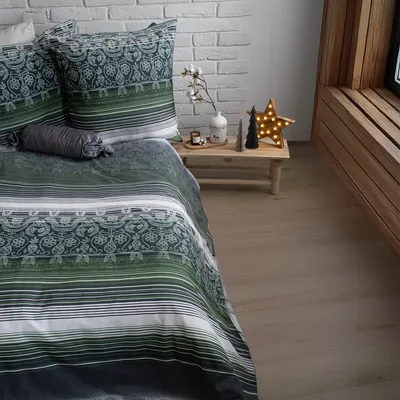 Produktbild von Fleuresse Aspen Biber Bettwäsche 135x200 Ornamente Streifen grün grau 434479-5