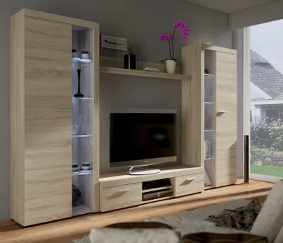 A modern living room with a large entertainment unit, including a TV, shelves, and cabinets, set against a gray wall and a large window overlooking a garden.
