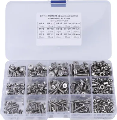 Produktbild von 440-teiliges Set mit Innensechskantschrauben und Muttern aus Edelstahl, M3, M4 und M5, mit Flachkopf.