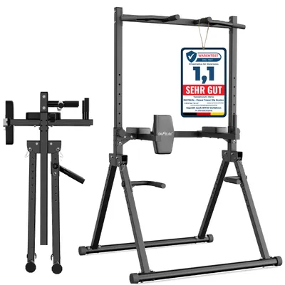 Produktbild von DH FitLife Faltbar Power Tower Dip Station bis 210kg – Klimmzugstation mit Dip-Barren & Rückentrainer, Fitness Station, Power Rack für Home Gym