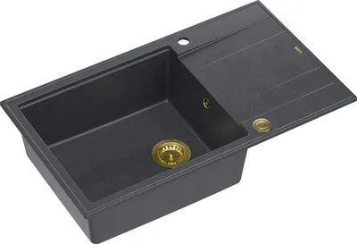 Produktbild von QUADRON Spülbecken 1-Becken Spüle | Größe: 86 x 50 x 21 cm | EVAN 136 | Küchenspüle Granitspüle aus GraniteQ mit Siphon | Schwarz & Golden
