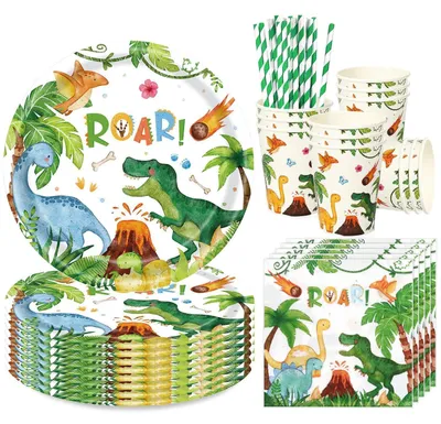 Obrázok produktu pre Sada riadu s motívom dinosaurov, 68 kusov, pre 16 hostí: taniere, poháre, servítky