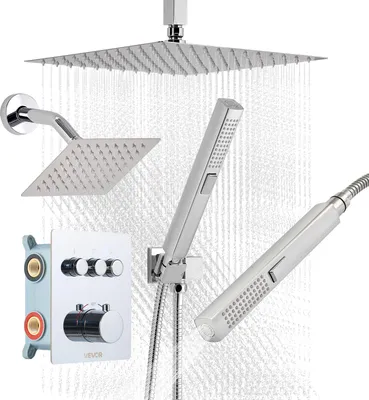 Produktbild von VEVOR Duschsystem-Set mit 12 Zoll Regenduschsystem / 6 Zoll Wandmontagekopf / 2 in 1 Handbrause, drehbarer Doppelregenkopf (3 Funktionen), Messingventil und Verkleidungssatz, Chrom thermostatisch