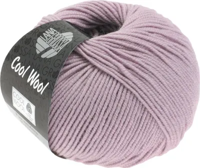 A ball of light purple yarn with a black label.