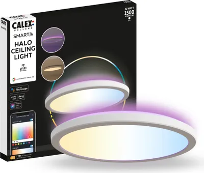 The image shows the packaging of a smart LED ceiling light, with the product itself partially visible in the foreground.
