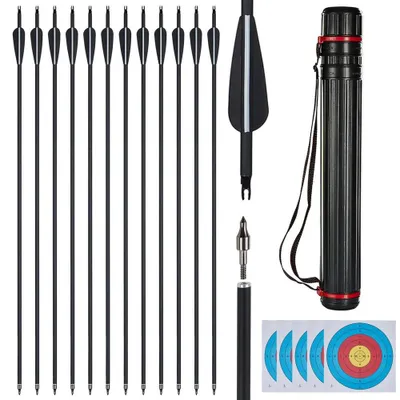 Immagine prodotto di Set di 12 frecce in fibra di carbonio - Kit per tiro con l'arco - Frecce da caccia da 80 cm, spine 500 - Adatte per archi ricurvi e composti - Include astuccio frecce e bersagli - Set nero