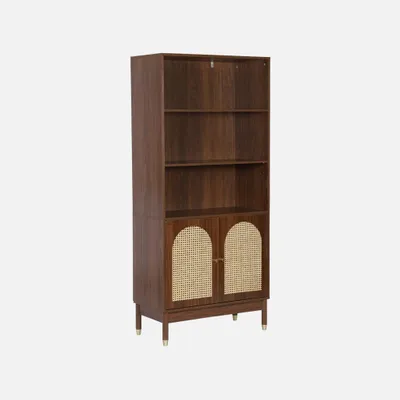 Produktbild von sweeek - Regal Bücherregal Holzdekor und Rattan-Geflecht 4 Ebenen 2 Türen - Nussbaumfarben
