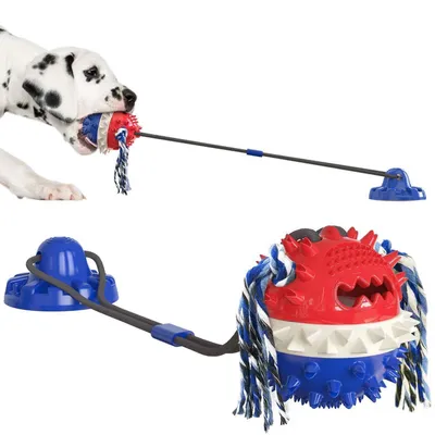 Immagine prodotto di Giocattolo interattivo per cani, ideale per quelli che mordono con forza, dotato di ventosa e dispenser di cibo, colore blu e rosso, lunghezza 70 cm