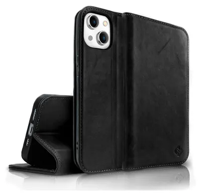 A black leather flip case for an iPhone is shown from a slightly elevated angle, with the case open to reveal the phone's camera module.