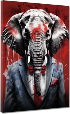 Produktbild von Elefant im Anzug Pop Art Red Leinwandbild Wandbild Kunstdruck XL Wanddeko: 30x40x2cm
