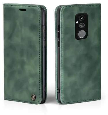 A green flip case for a Huawei Mate 20 Lite phone is shown from two angles.
