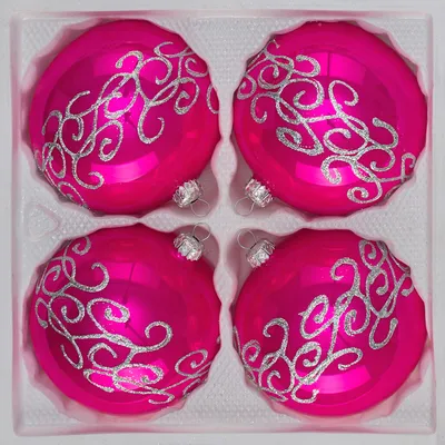 Produktbild von 4 tlg. Glas-Weihnachtskugeln Set 10cm Ø in "Hochglanz-Pink-Silberne-Ornamente"