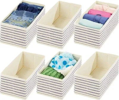 Image de Lot pratique de 6 boîtes de rangement, en tissu respirant, bleu/naturel, pour le linge et les bijoux