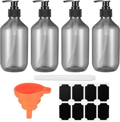Produktbild von Schmiermittel-Set aus 4 leeren Fasschen 300 ml mit Seifenpumpe, Etikettstempel und Abfüllschöpfer