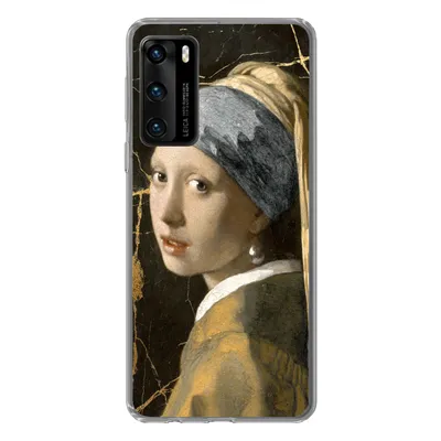 Produktbild von MuchoWow® Handyhülle Schutzhülle Hülle für Huawei P40 Mädchen mit einem Perlenohrring - Marmor - Gold Silikon Softcase Handy Hülle - Handytasche