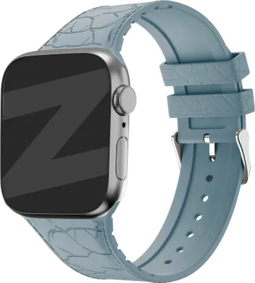 Produktbild von Bandz Silikonarmband mit Ledermuster - passend für Apple Watch Serie 1/2/3/4/5/6/7/8/9/SE - kleine Größen - 38mm 40mm 41mm - grau blau
