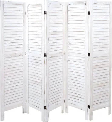 A white, five-panel folding screen with louvered panels.