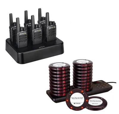 Produktbild von Retevis RT668 Funkgeräte, mit 6 Wege Ladegerät, 1200mAh mit Retekess TD163 Restaurant Pager System, 500M Restaurant Pager, 31 Anrufmodi, für Hotels