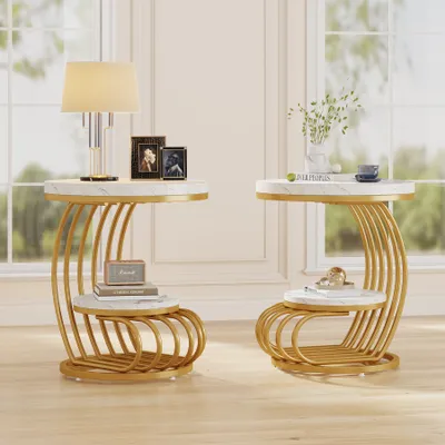 Obrázek produktu pro Tribesigns Golden round side table: dvoupatrový noční stolek z umělého mramoru s policí, moderní noční stolek v barvě bílého zlata, s kovovým rámem