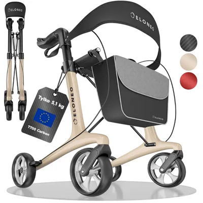 Zdjęcie produktu dla Składany i lekki rollator ELONEO z siedziskiem, lekki rollator podróżny, ultralekki, kolor kremowy – rozmiar M