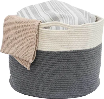 Produktbild von Dunedesign Baumwoll-Seilkorb Aufbewahrungskorb, Boho Stil, 60 Liter. Maße: Ø 50x35 cm (aufgestellt), 37x29x9 cm (gefaltet). Faltbar, waschbar, krempelbar, mit Henkeln. Grau-Weiß, geruchsneutral, hautfreundlich für Babys & Kinder, ideal für Wäsche, Spielzeug & Deko.