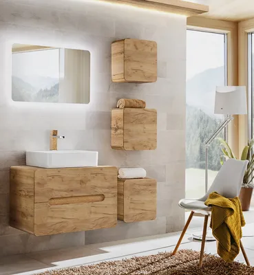 Produktbild von Badmöbel Set 6-tlg Badezimmerset FERMO 80cm Gold Eiche inkl.Waschtisch