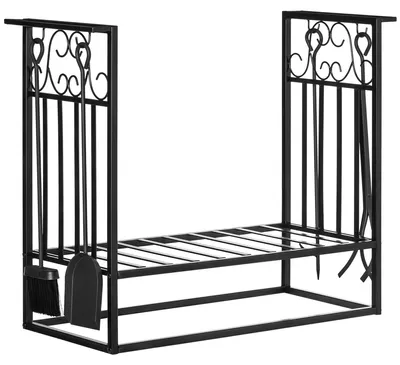 Produktbild von Kaminholzständer mit Kaminbesteck, Brennholzregal, Feuerholzablage, Kaminwerkzeug, Stahl Schwarz 75 x 30 x 60 cm
