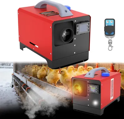 A collage showing a red diesel heater and a group of chicks in a brooder.