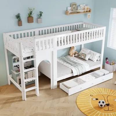 Obrázek produktu pro okwish Patrová postel 90x200, dětská postel se zábranou proti pádu a čtyřstranným zábradlím, jednolůžko se čtyřstupňovým žebříkem a otevřenými policemi, bílá + přírodní (bez matrace)