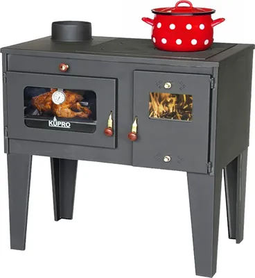 A dark gray wood-burning stove with an oven and stovetop, featuring a red and white polka-dot pot on top. The oven door is open, showing a roasted chicken inside with a thermometer. The firebox door is also open, revealing flames.