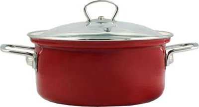 A red pot with a silver lid and handles, shown from the front.
