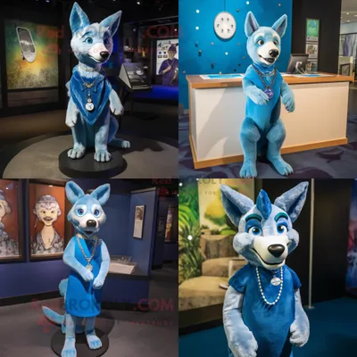 Productafbeelding van Blue Dingo mascotte REDBROKOLY kostuum karakter gekleed met een hemdjurk en kettingen