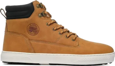 A single brown high-top shoe is shown against a white background.