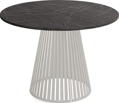 Produktbild von Esstisch Rund Ausziehbar mit Lamellen im Loft-Stil – 120 bis 200 cm – Industrieller Tisch mit Kaschmir Metallbeinen, Platzsparend für Wohnzimmer oder Esszimmer – Marmor Schwarz